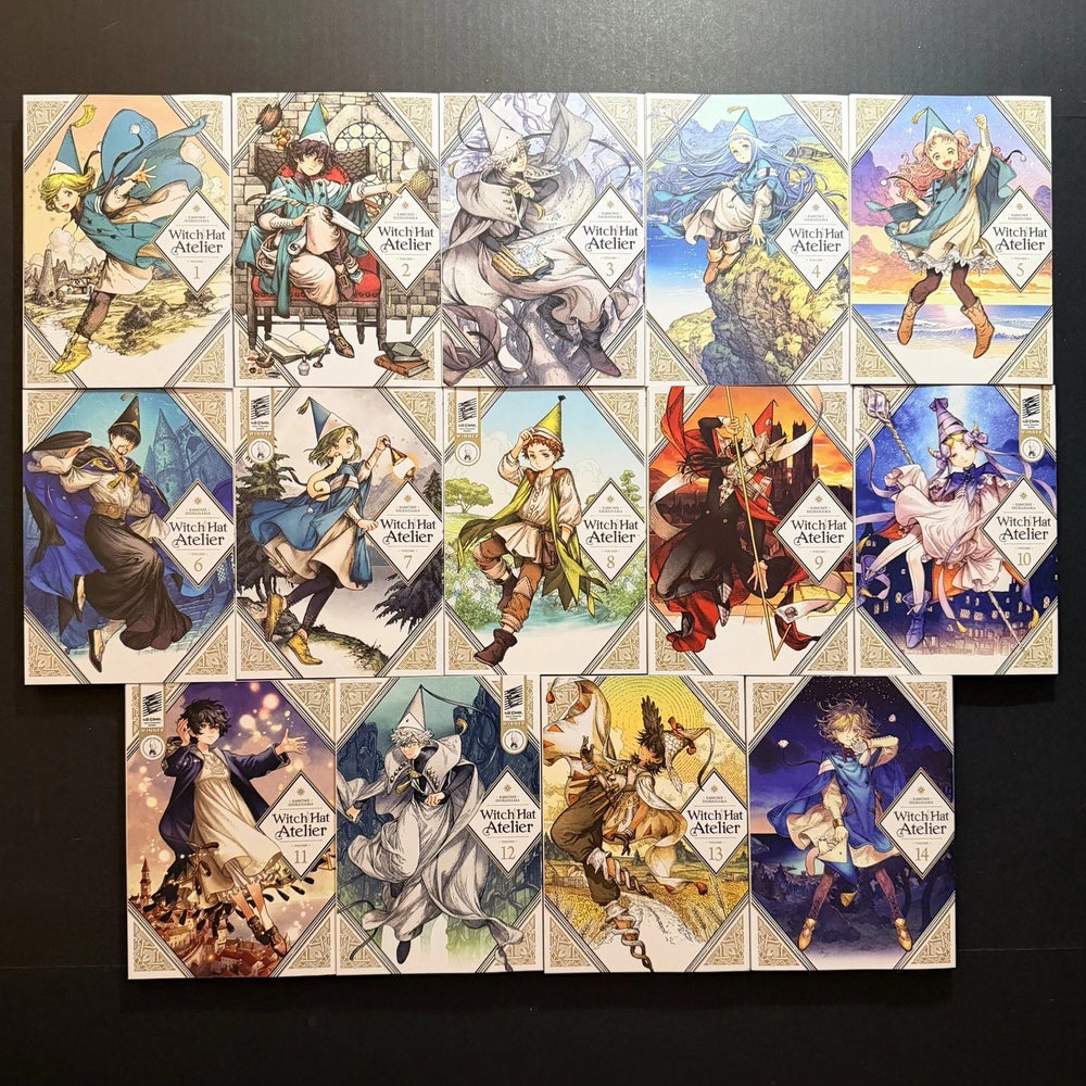 Front covers of all 14 Witch Hat Atelier manga volumes laid out together